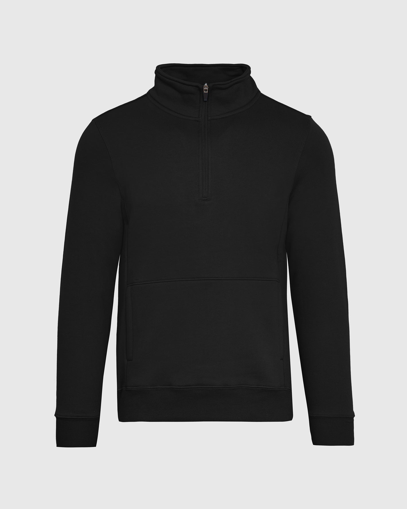 Black Half Zip Fleece Sweatshirt with mock-neck, long sleeves, kangaroo pocket.