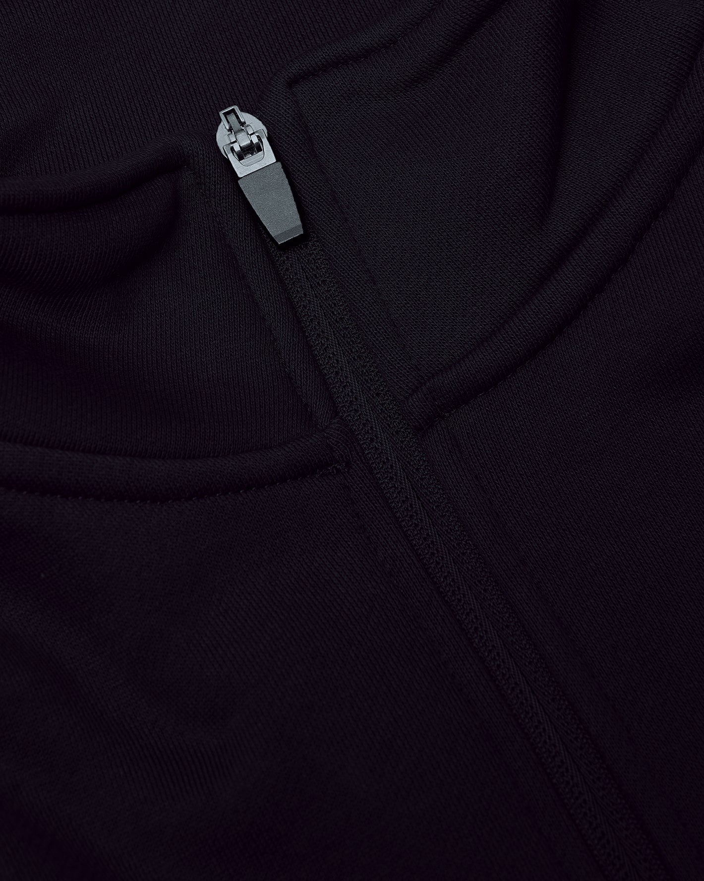 Black Half Zip Fleece Sweatshirt's front zipper on sleek black fabric.