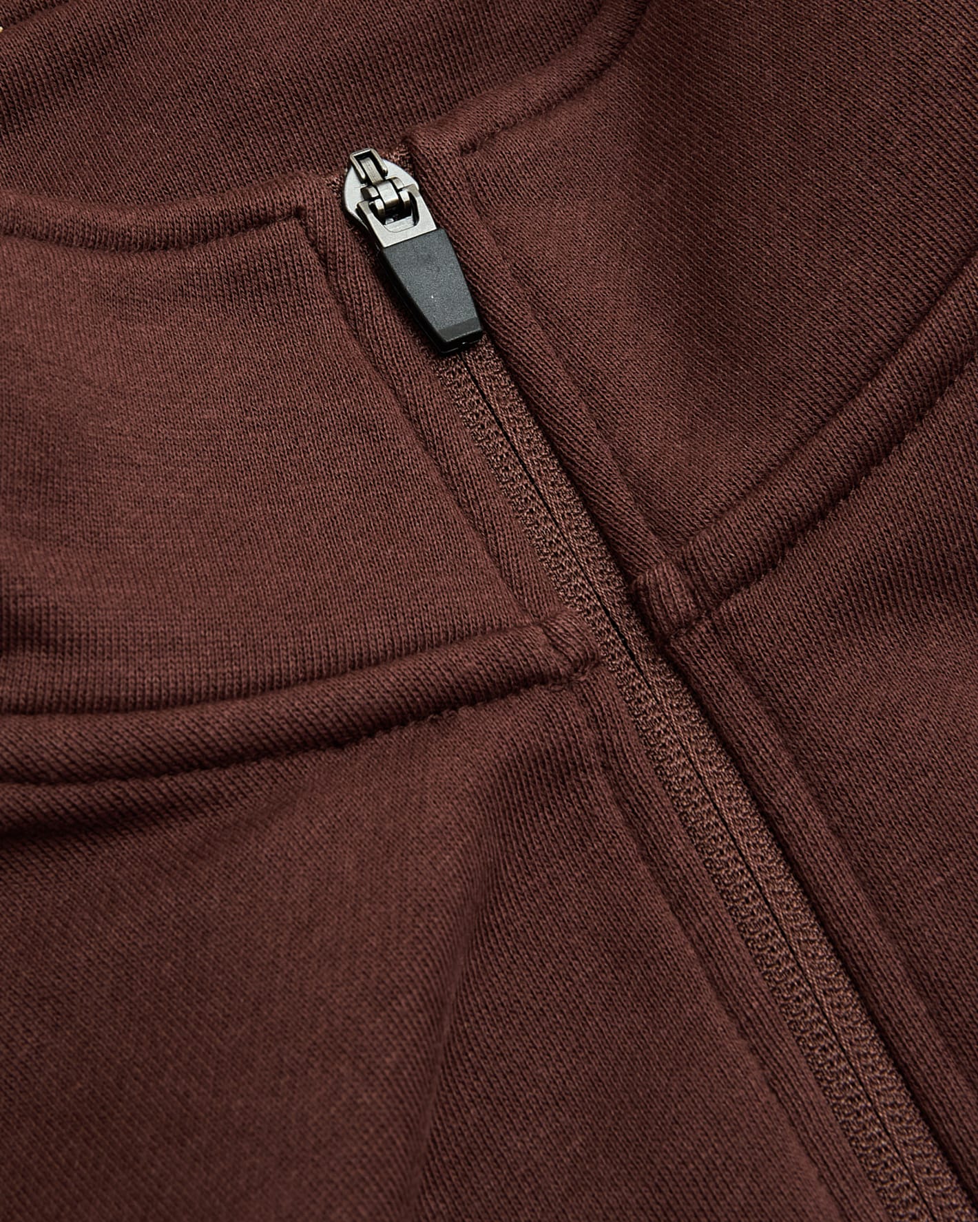 Carob Half Zip Fleece Sweatshirt front zipper detail.