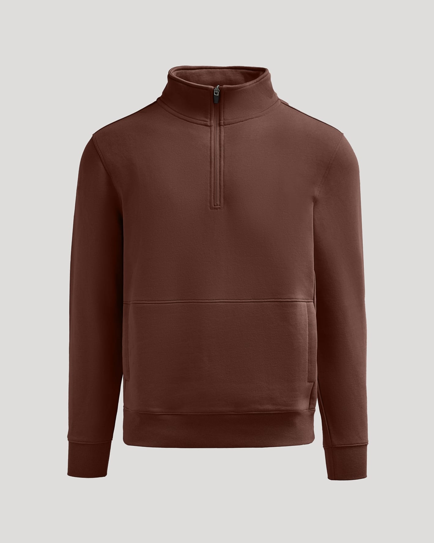 Carob Half Zip Fleece Sweatshirt with mock-neck and kangaroo pocket.