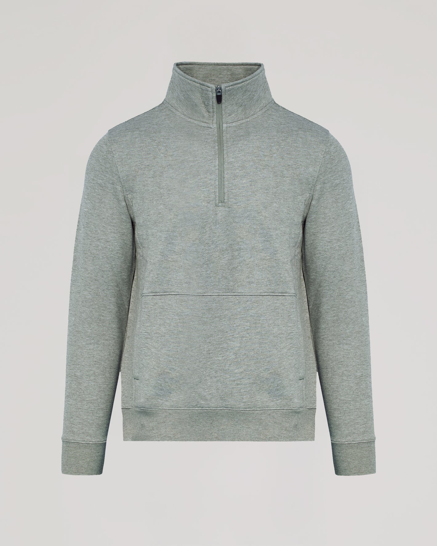 Dark Heather Gray Half Zip Fleece Sweatshirt with stand-up collar and kangaroo pocket.
