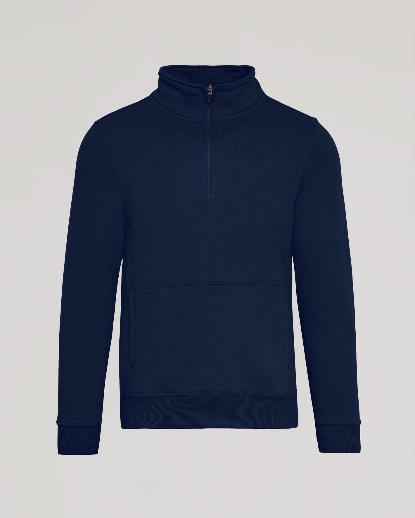Navy Half Zip Fleece Sweatshirt with stand-up collar and kangaroo pocket.