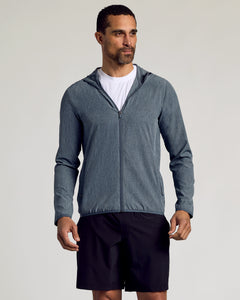 True ClassicHeather Navy Active Shell Jacket with hood, zip pockets, and athletic shorts.