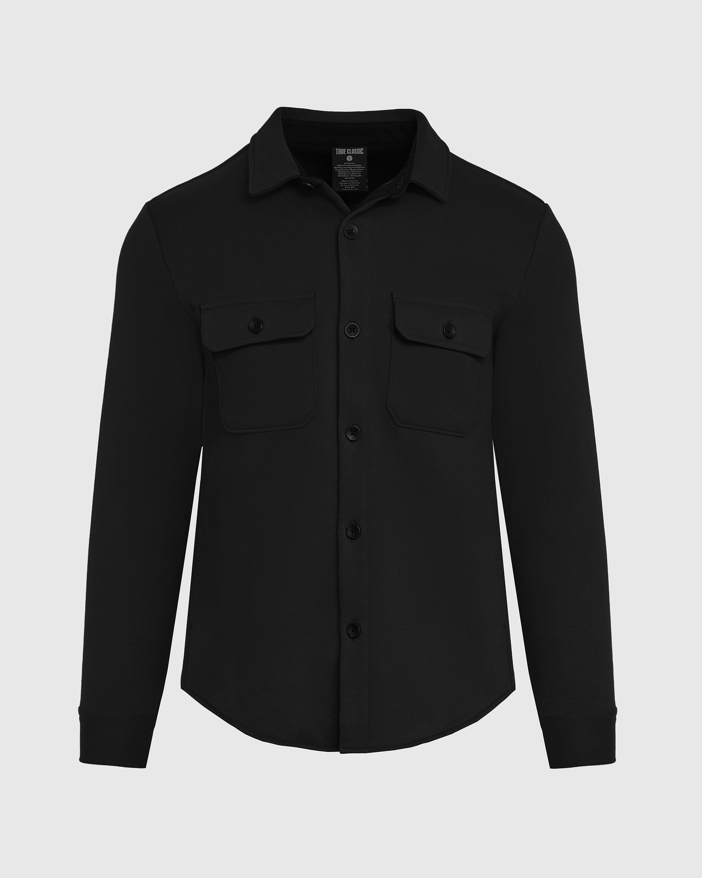 Black Fleece Shirt Jacket with button-up front and chest flap pockets.
