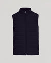 Black Puffer Vest with quilted design, high collar, and front zipper.
