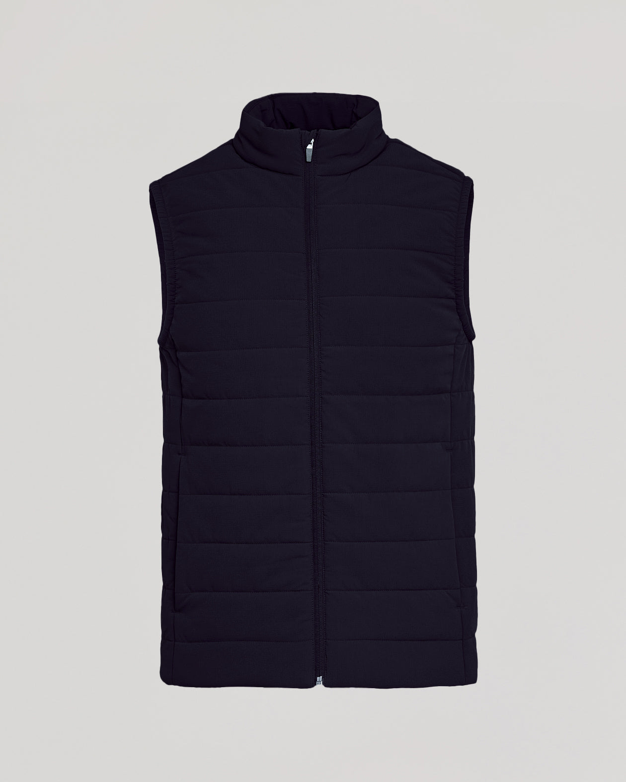Black Puffer Vest with quilted design, high collar, and front zipper.
