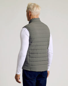 True ClassicCarbon Puffer Vest, back view on model; snug fit, sleek design.