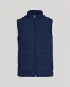 Navy Puffer Vest with zipper and fleece-lined pockets.