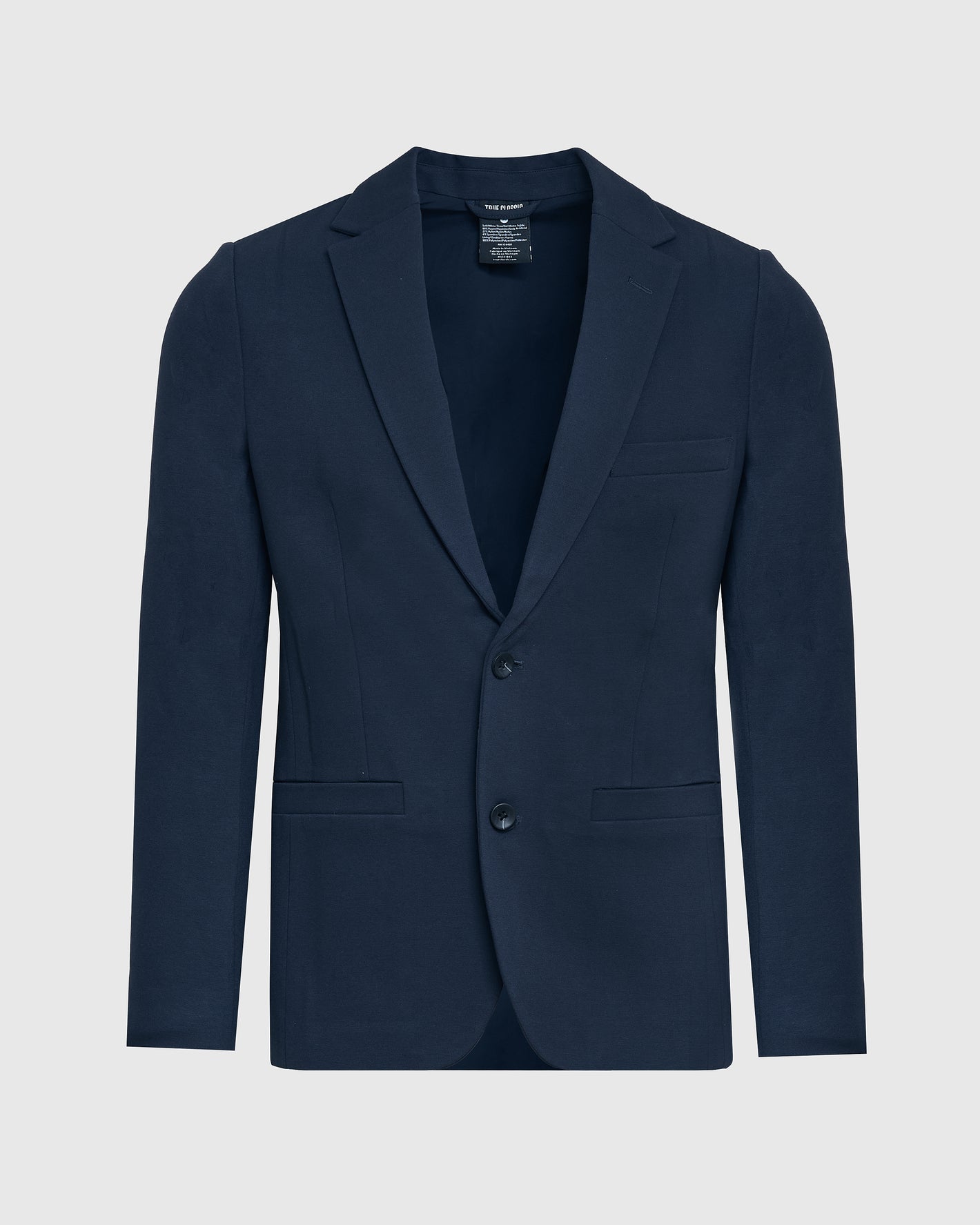 Navy Comfort Knit Blazer with notch lapels and two-button closure.