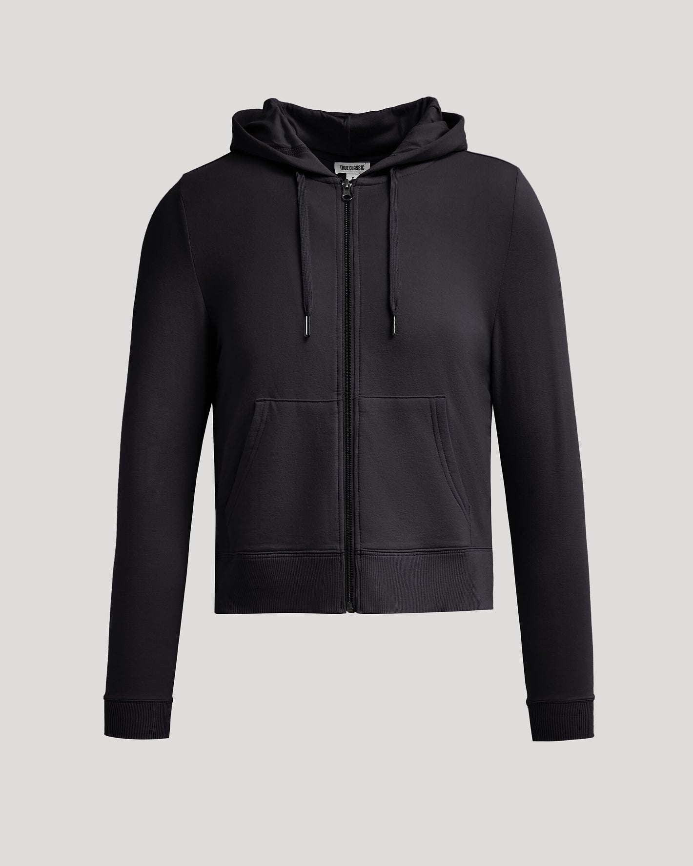 Women's Black Crop Zip Hoodie with drawstring hood and kangaroo pockets.