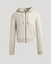 Womens Oatmeal Crop Zip Hoodie with drawstring hood and pouch pocket.