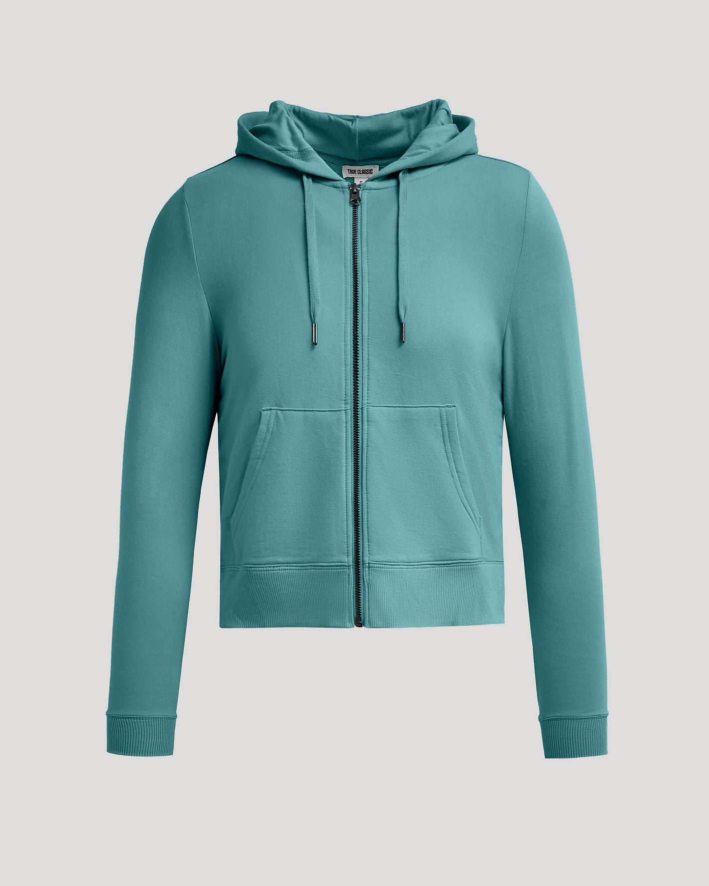 Womens Stormcloud Crop Zip Hoodie with drawstring hood and kangaroo pocket.