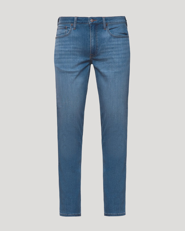 Medium Indigo Wash Slim Comfort Stretch Jeans with five pockets and tapered legs.