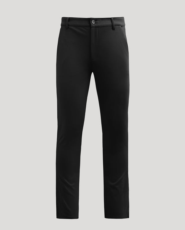 Black Slim Comfort Knit Chino Pant with button-zip closure and side pockets.
