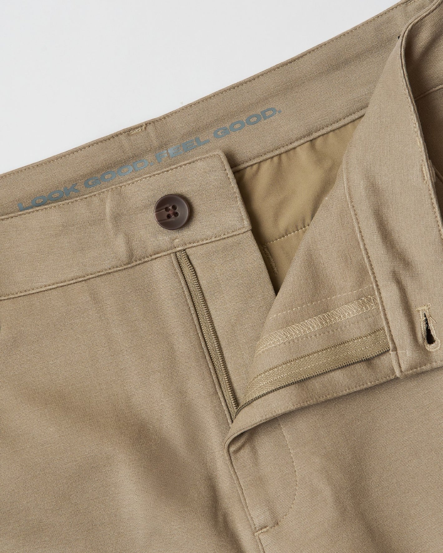 Khaki Slim Comfort Knit Chino waistband with slogan inside.