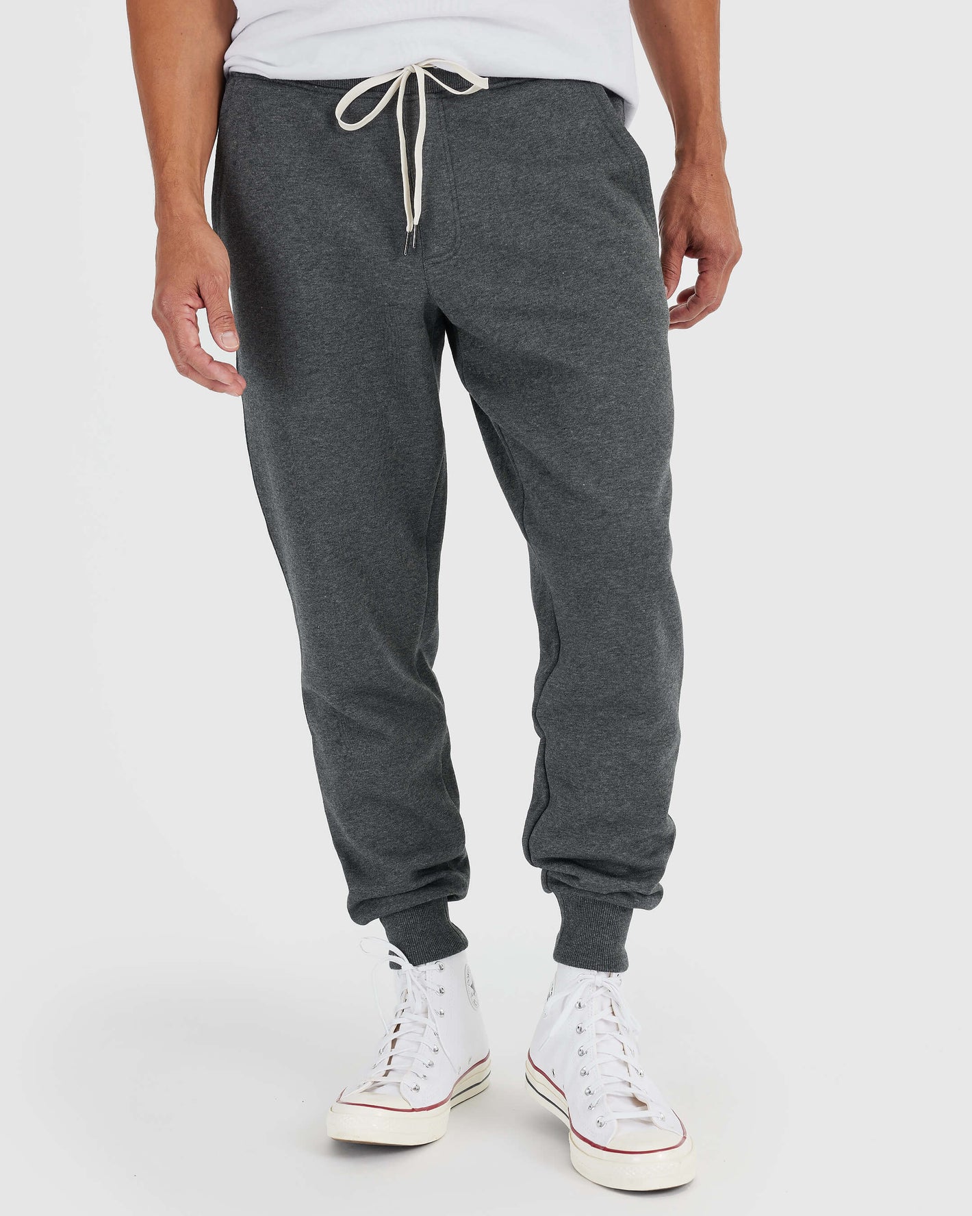 Charcoal Heather Gray Fleece French Terry Joggers with ribbed cuffs and drawstring.
