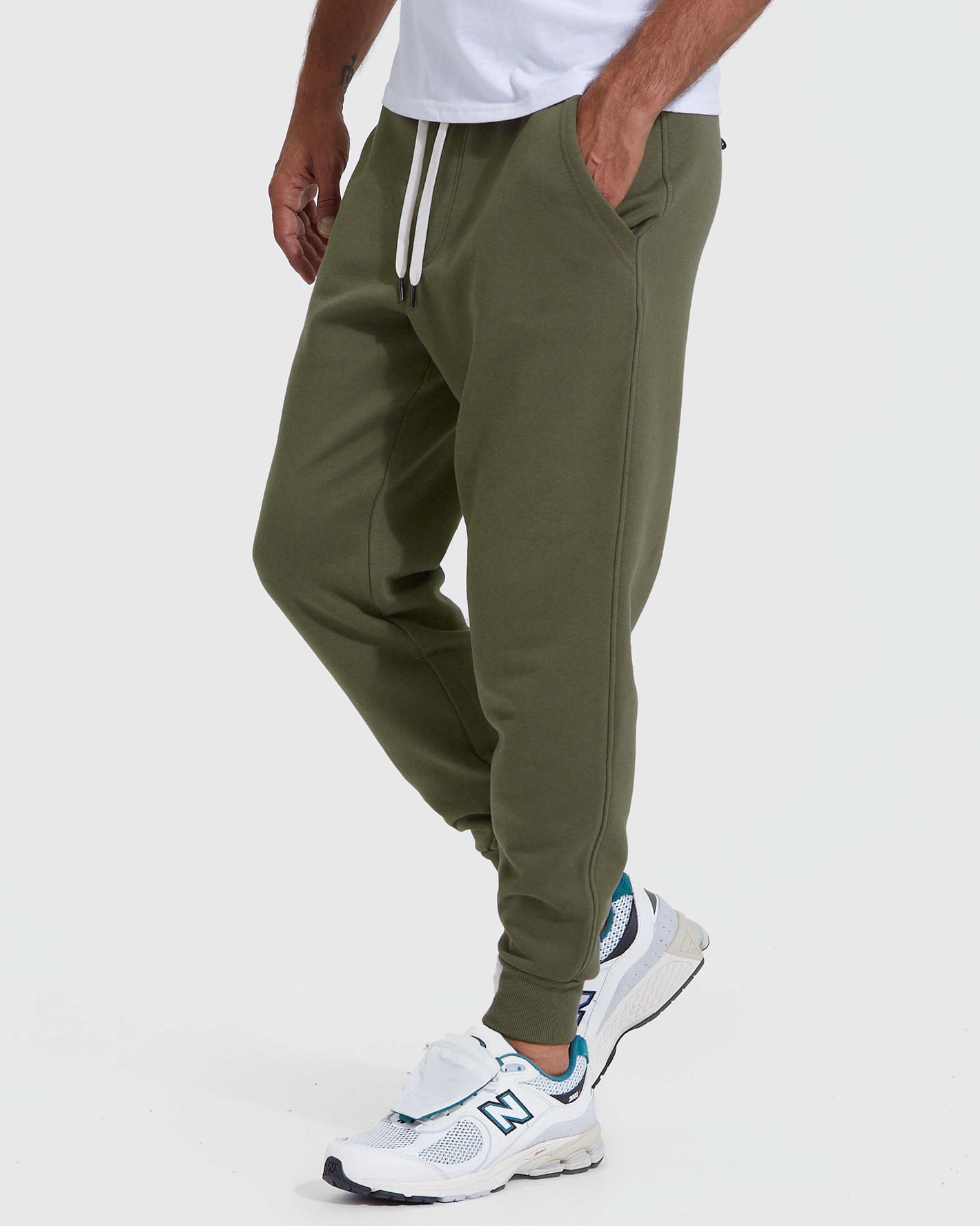 Military Green Pullover Fleece Hoodie & Jogger 2-Pack with sneakers.