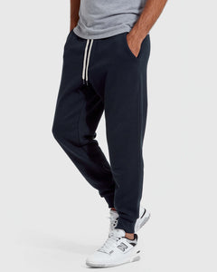 True ClassicNavy Fleece French Terry Joggers with drawstring and ankle cuffs.