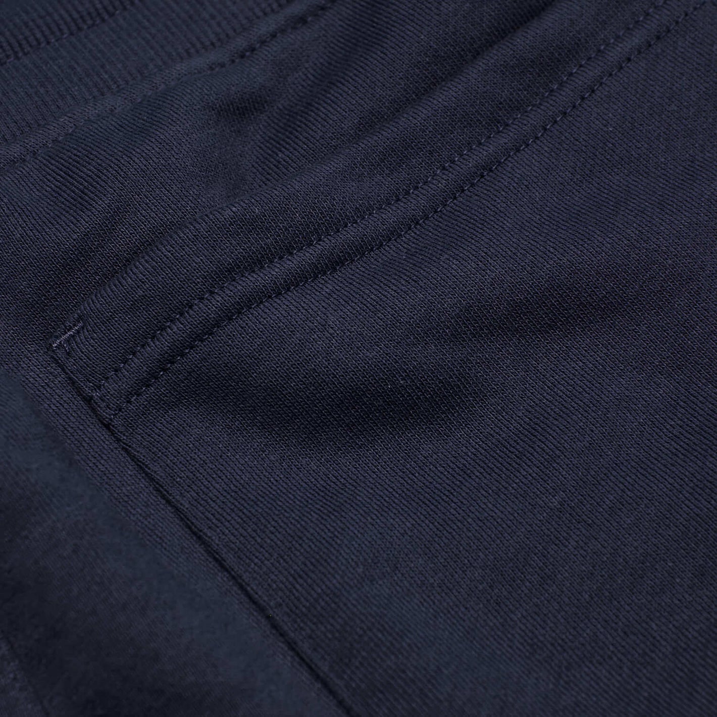 Navy Half Zip Fleece Sweatshirt pocket stitching close-up.