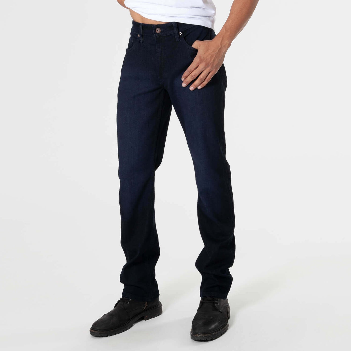 Trial Crew & Indigo Wash Straight Comfort Stretch Jeans 3-Pack, featuring jeans and black shoes.