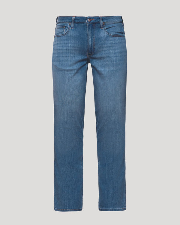 Medium Indigo Wash Straight Comfort Stretch Jeans, front view, showcasing classic five-pocket design.