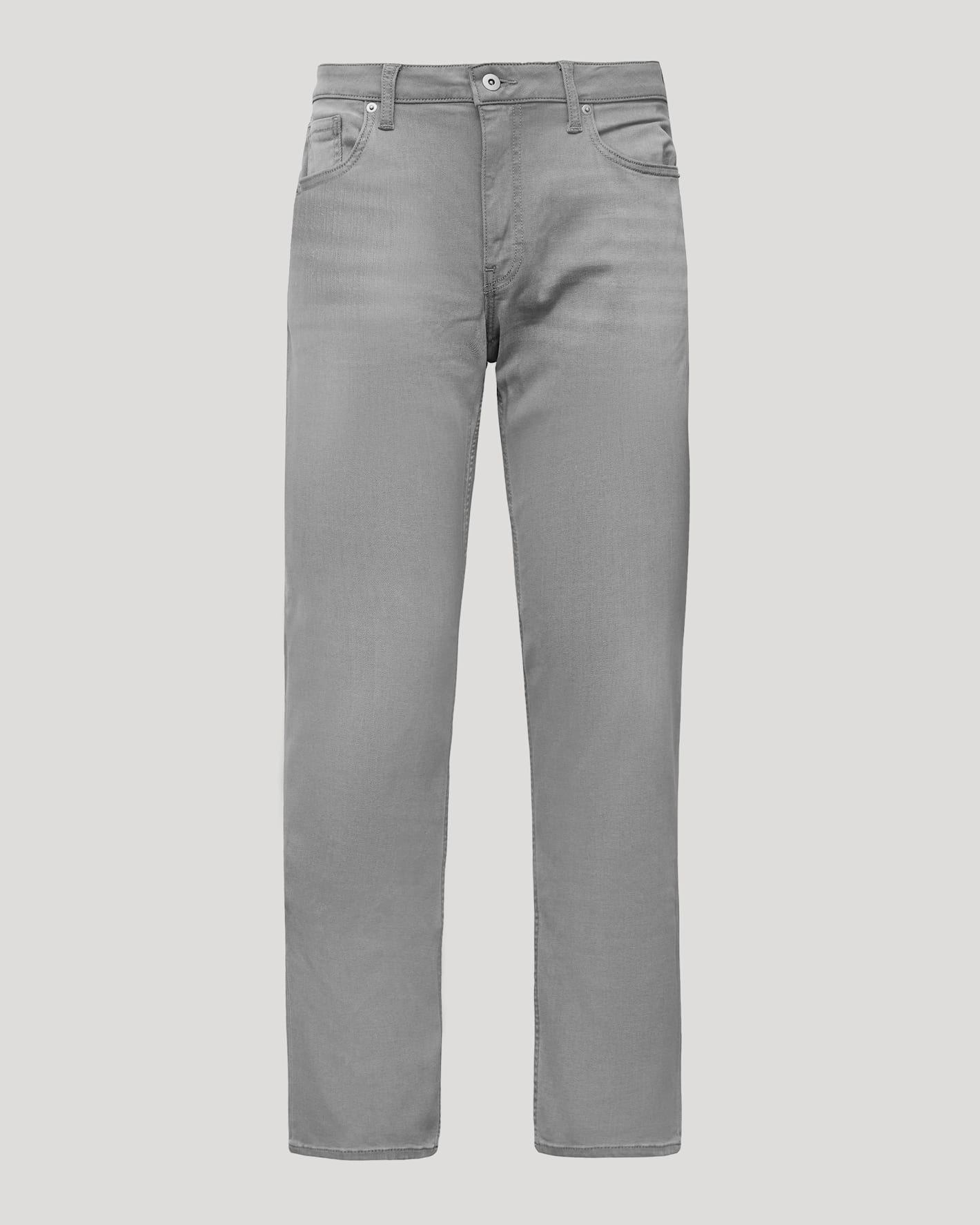 A pair of light gray slim-fit jeans shown flat against a solid light gray background.