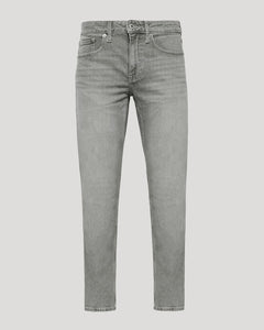 True ClassicMedium Gray Wash Slim Authentic Denim Jeans with stretch, button closure, and pockets.