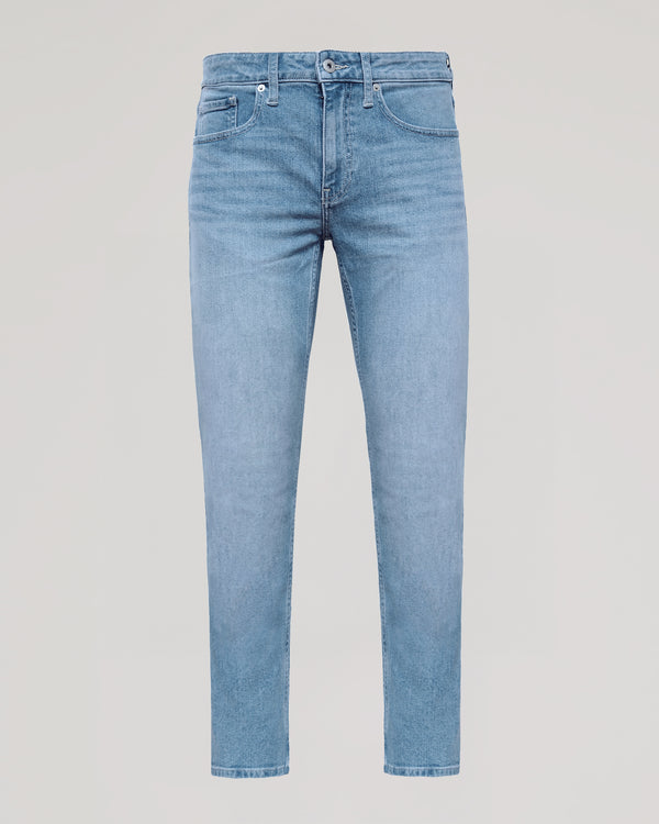 Light Indigo Wash Slim Authentic Denim Jeans, front view, showcasing classic design.