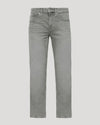 Medium Gray Wash Straight Authentic Denim Jeans on neutral background.