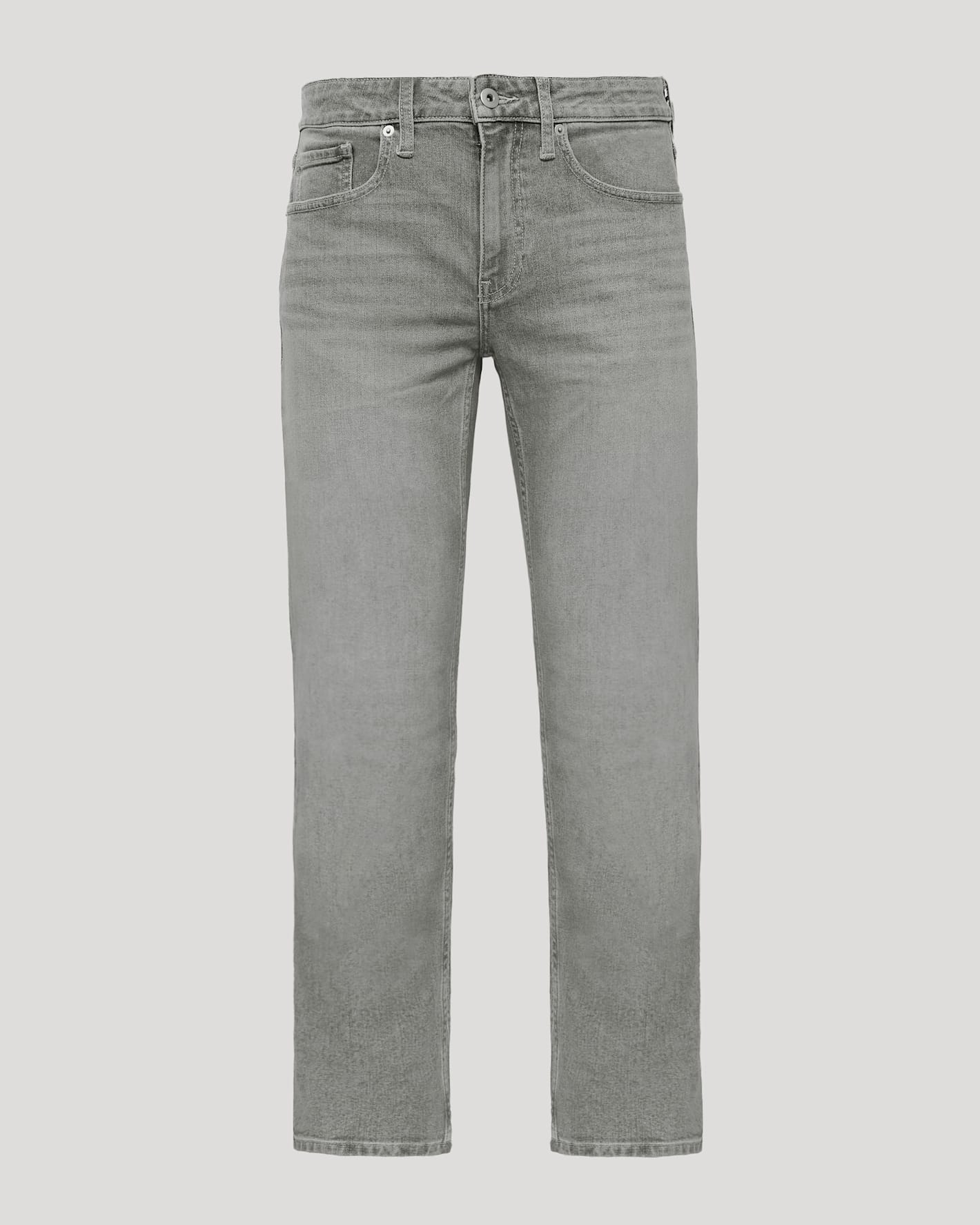 Medium Gray Wash Straight Authentic Denim Jeans on neutral background.