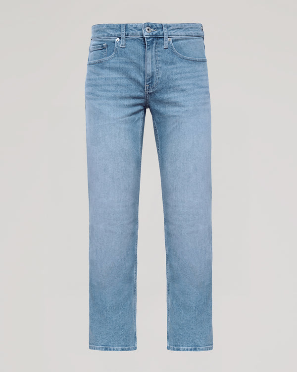Light Indigo Wash Straight Authentic Denim Jeans with front button and zip closure.