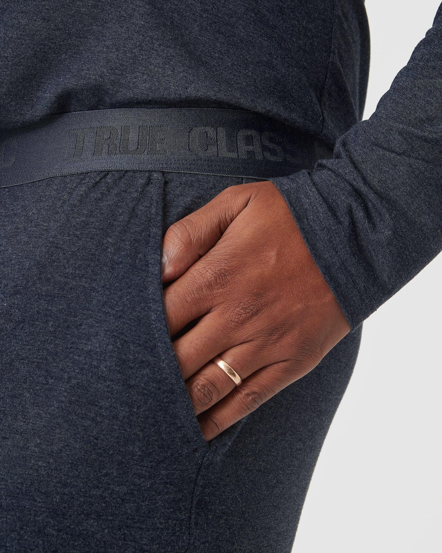 Heather Navy Loungewear Jogger with TRUE CLASSIC waistband and pocket detail.