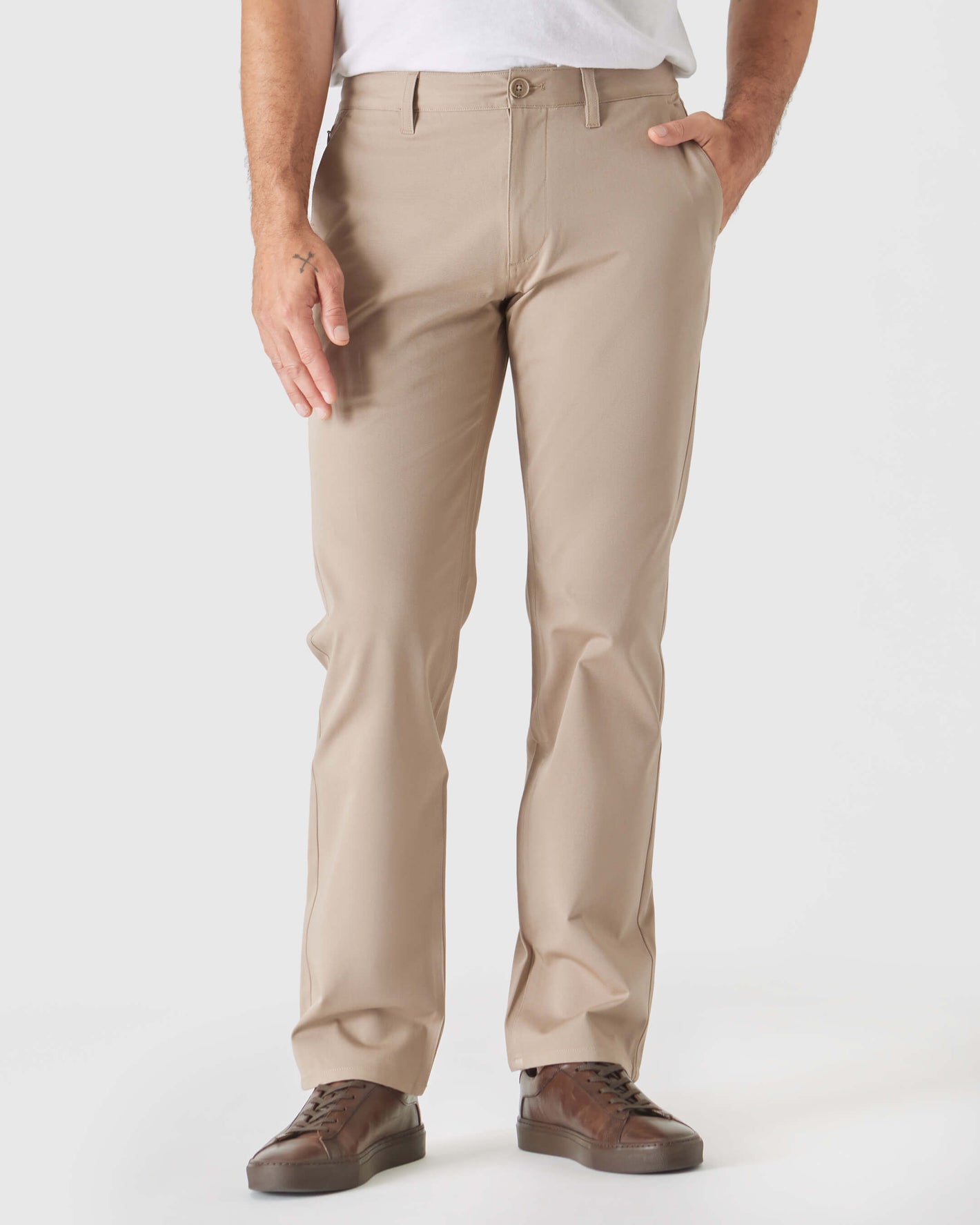 Everyday Chino 3-Pack featuring khaki straight-leg trousers with brown leather shoes.