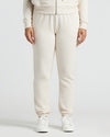 Womens Oatmeal Relaxed Joggers with elastic cuffs and white sneakers.