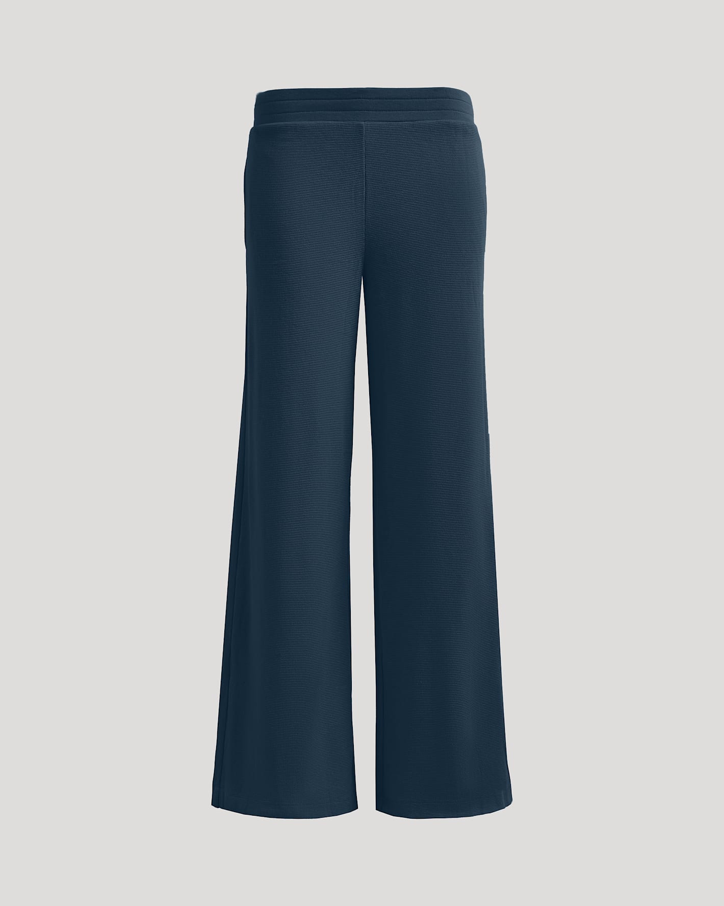 Womens Navy Waffle Wide Leg Pants with elastic waist and textured knit.