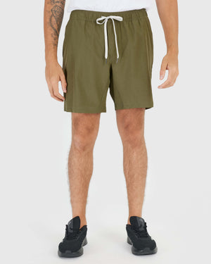 Military Green Active Quick Dry Shorts with Liner, shown on man with tattoo.