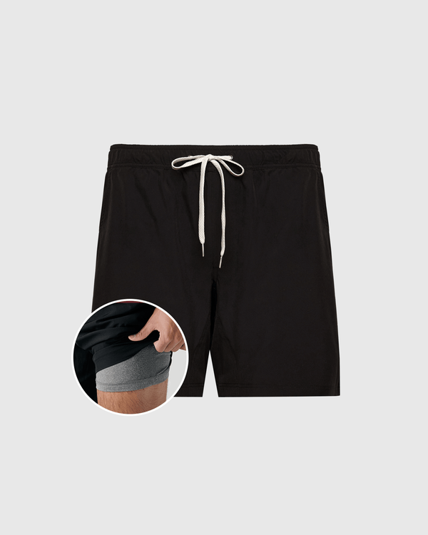 Black Active Quick Dry Shorts with Liner featuring grey compression liner and drawstrings.