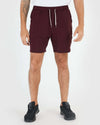 Dark Heather Burgundy Active Comfort Shorts worn with white T-shirt and sneakers.