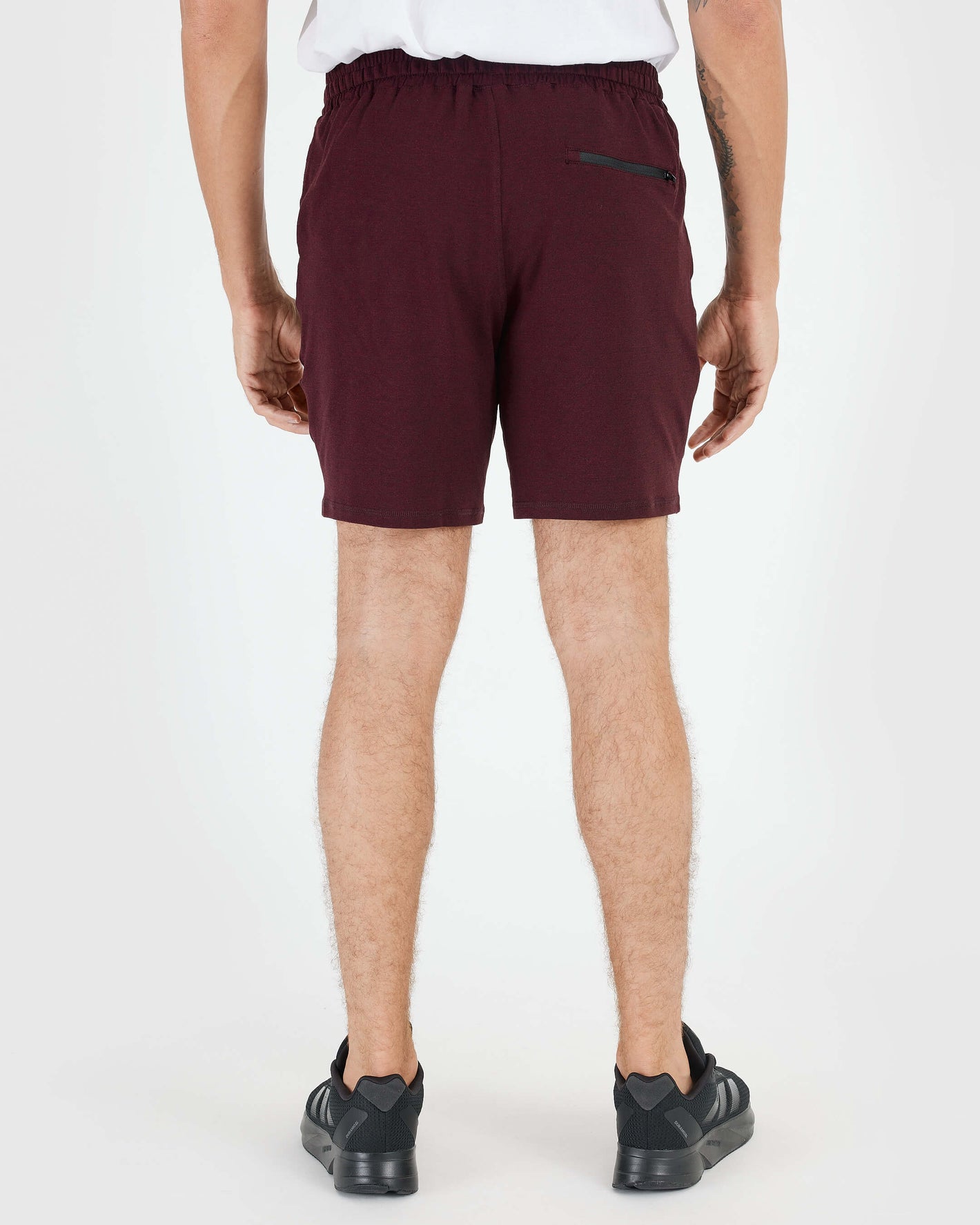 Dark Heather Burgundy Active Comfort Shorts with zip pocket and elastic waistband.