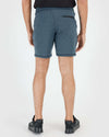 Man wearing Dark Heather Indigo Active Comfort Shorts, back view, showcases zippered pocket.