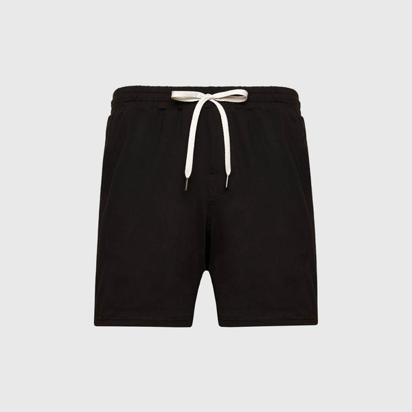 Black Active Comfort Shorts with elastic waistband, white drawstring, side pockets.