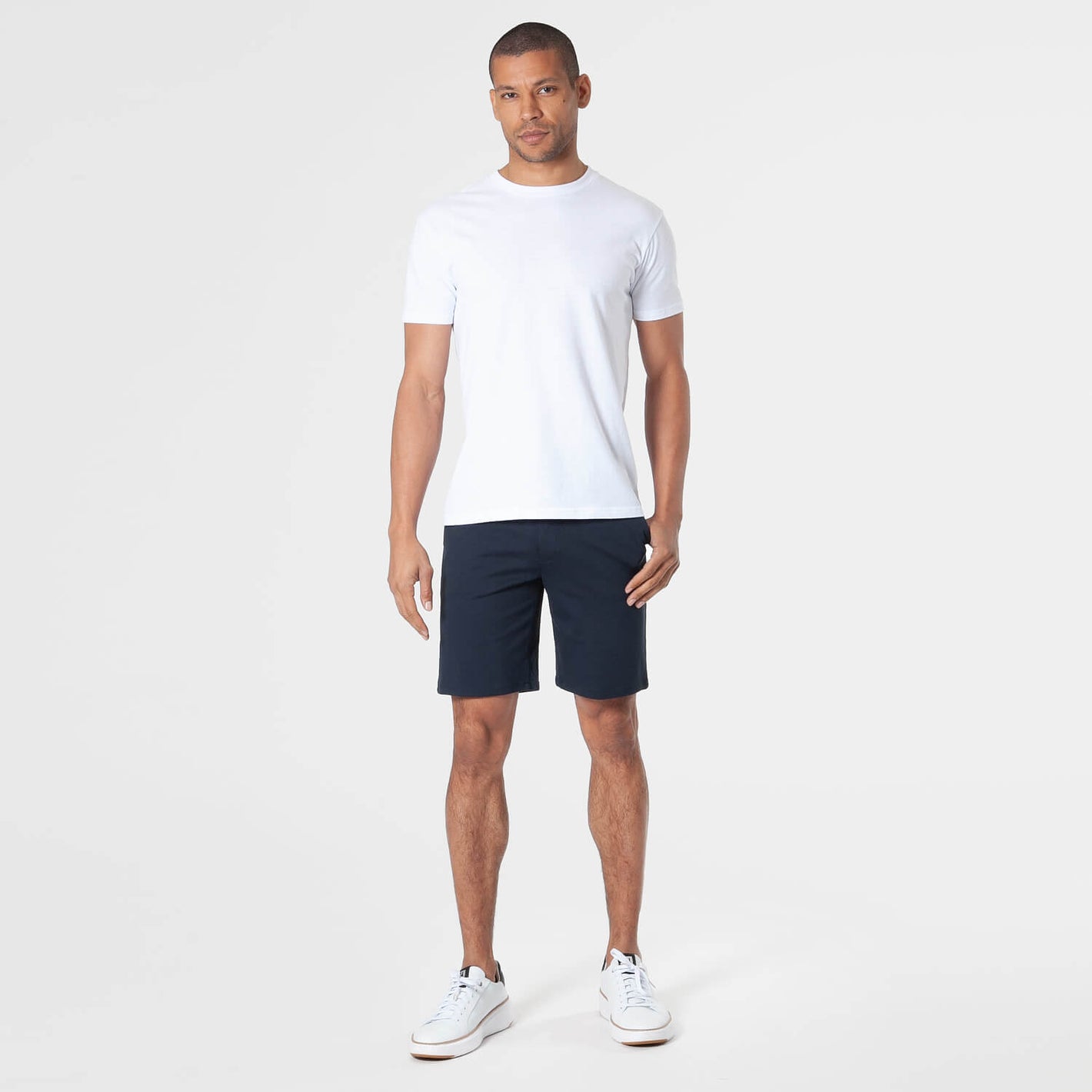 Man wearing 9 Khaki & Navy Comfort Knit Chino Shorts.