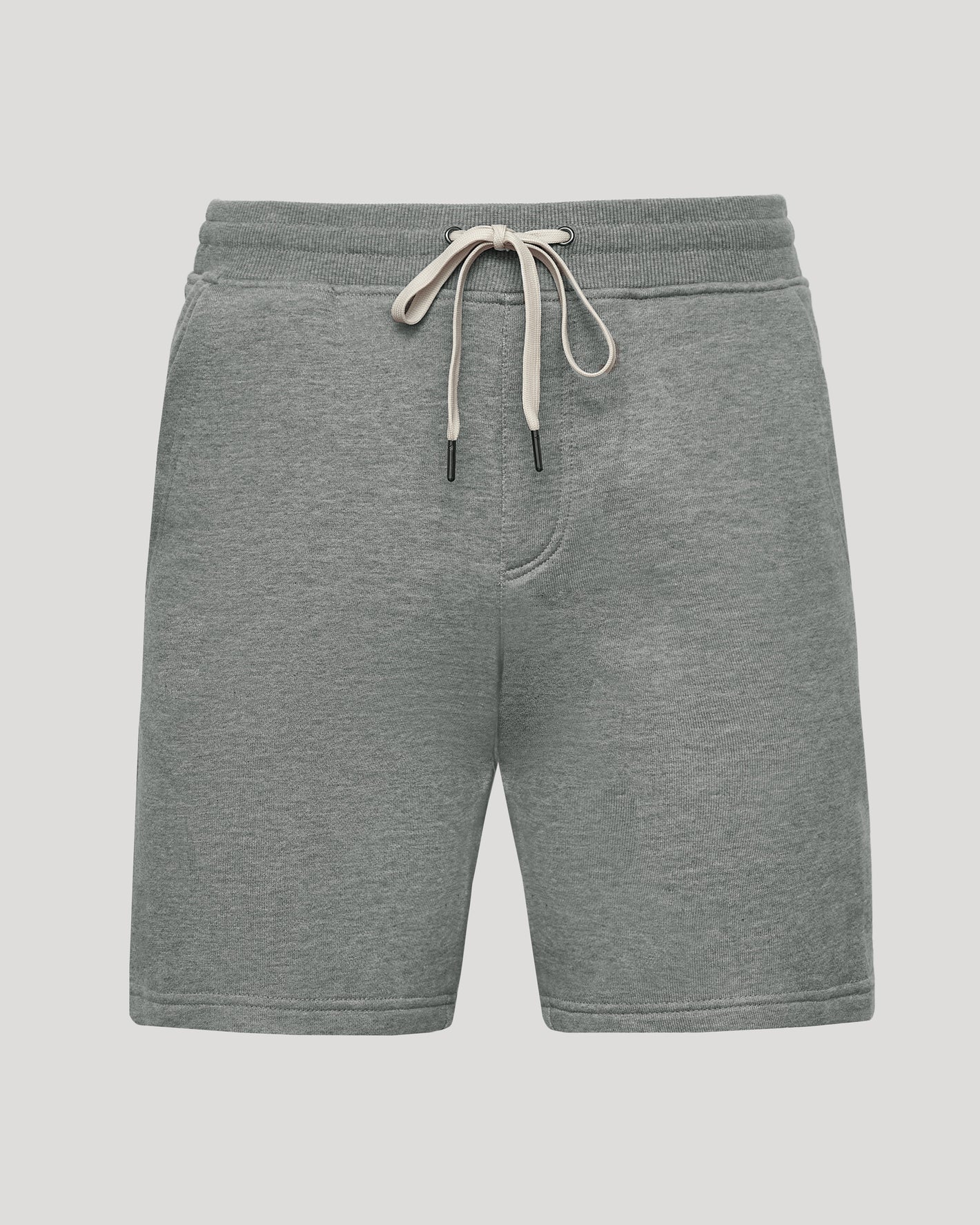 Medium Heather Gray Fleece French Terry Shorts with drawstring and pockets.