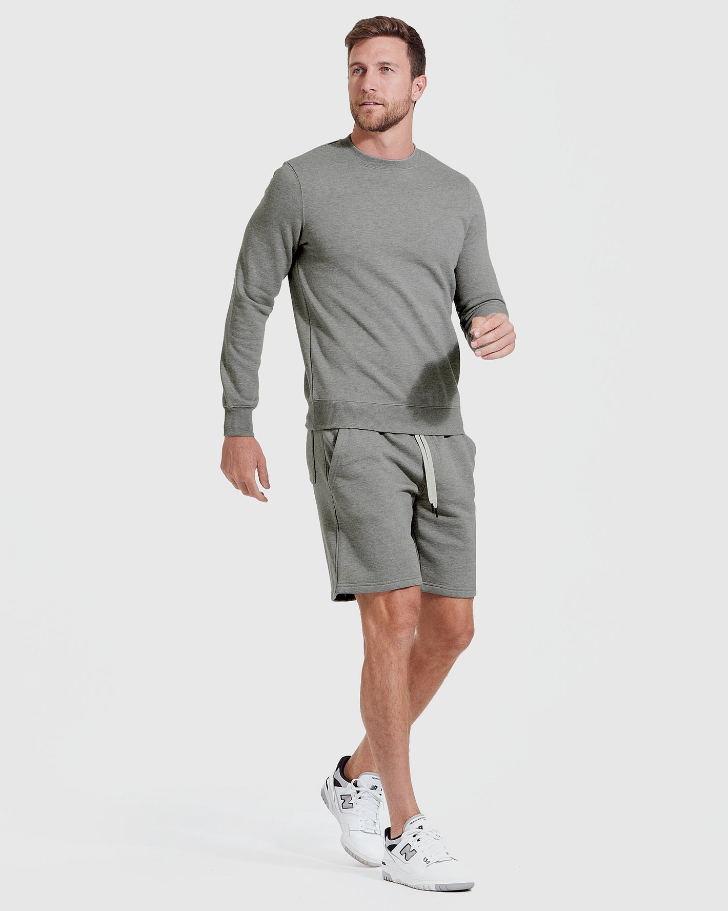 Medium Heather Gray Fleece French Terry Shorts worn with white sneakers.