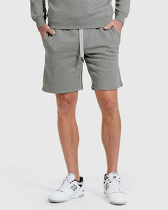 True ClassicMedium Heather Gray Fleece French Terry Shorts with drawstring and side pockets.