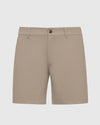 Khaki Commuter Short, knee-length with button fly and belt loops.