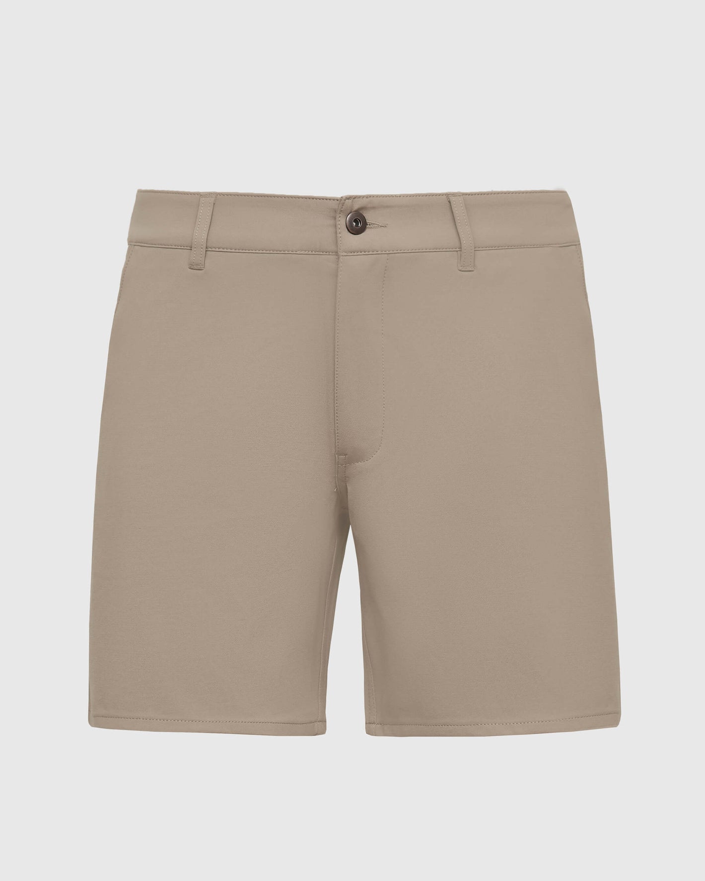 Khaki Commuter Short, knee-length with button fly and belt loops.