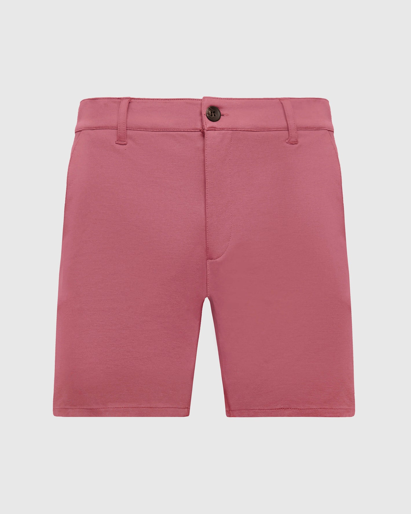 7 Rosewood Comfort Knit Chino Shorts, mid-thigh length, button-zip front.