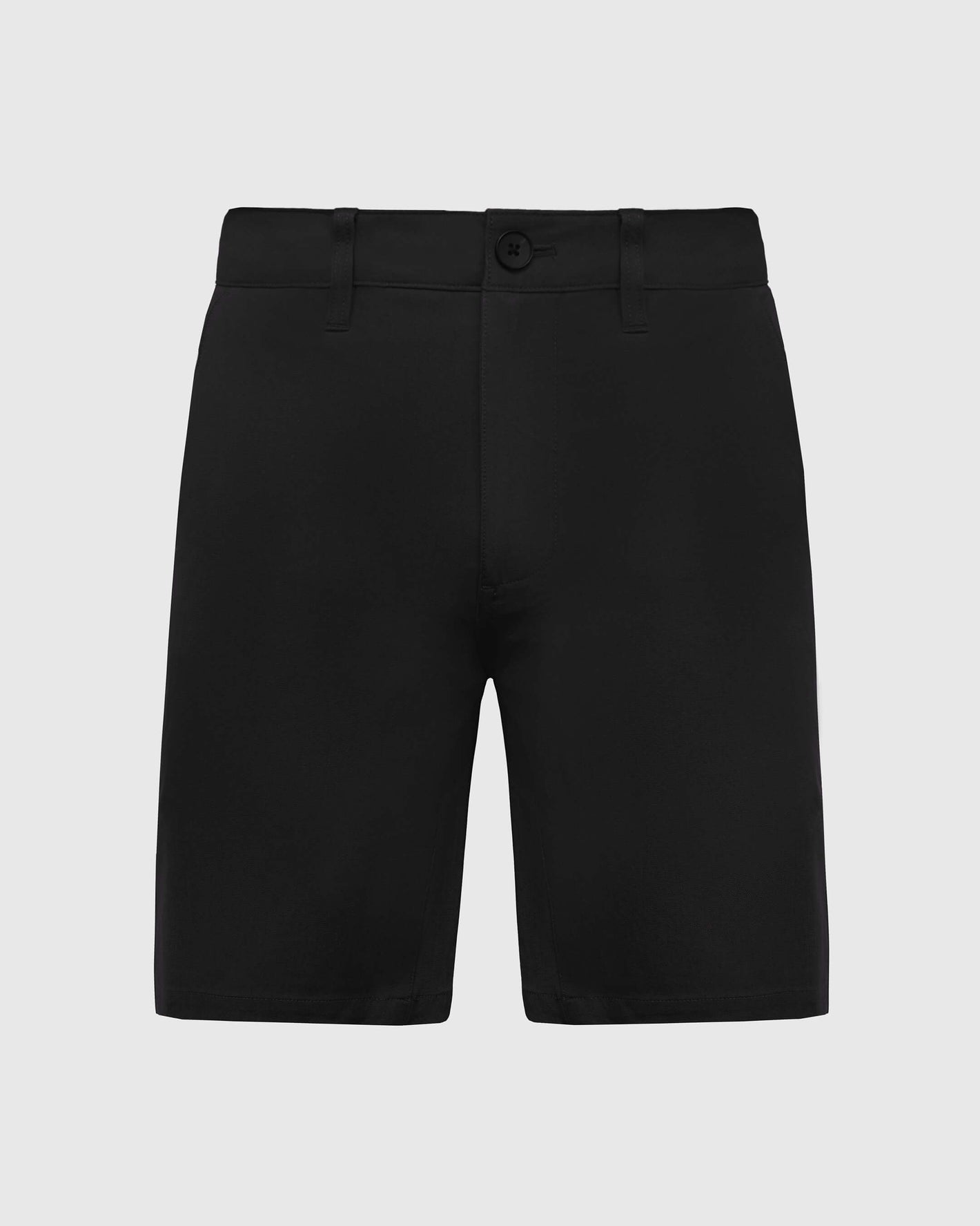 9 Black Classic Twill Shorts, knee-length, with belt loops and button closure.