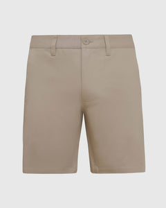 True ClassicKhaki Twill Short: Men's beige casual shorts, flat front, mid-thigh length.